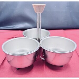 Vintage Stainless‎ Steel Condiment Caddy With Round Wood Handle MCM